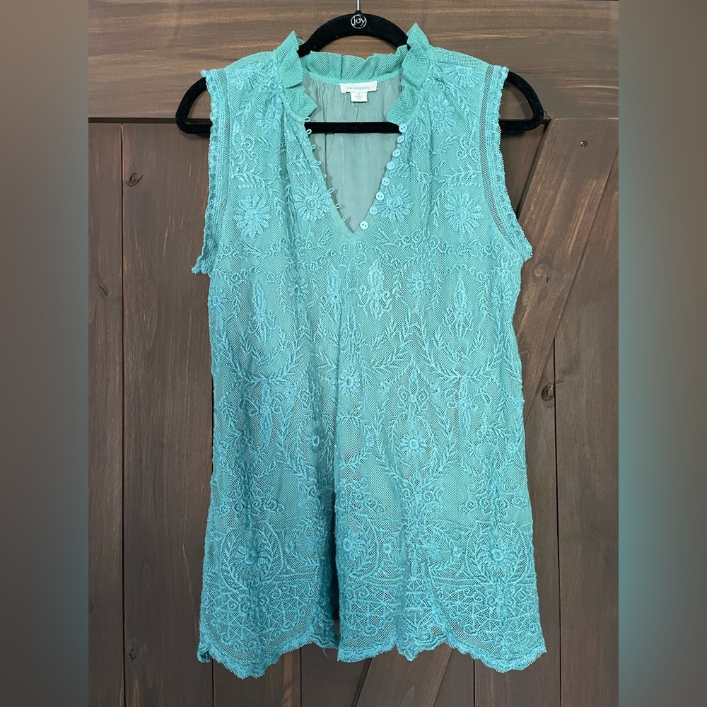 SUNDANCE Dusty Teal Lace Top, Size Medium